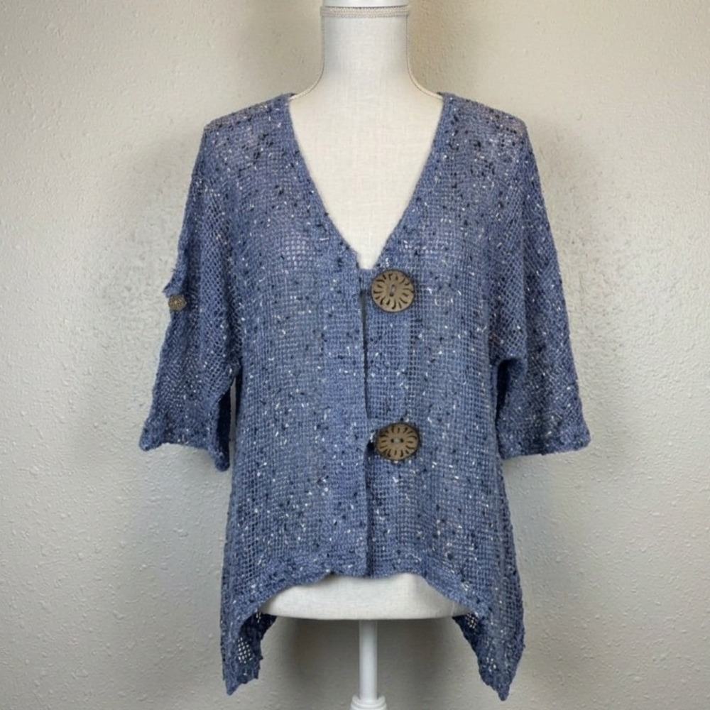 Lulu-B Blue Womens XL Cardigan Blue Mesh Open Weave Oversized Wood Buttons Boho